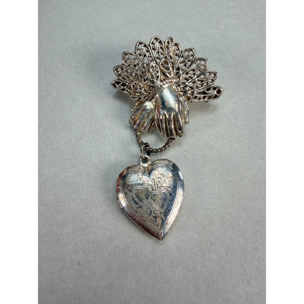 Vintage Silver Tone Filigree Brooch Dangling Heart Locket Figural Love Pin
